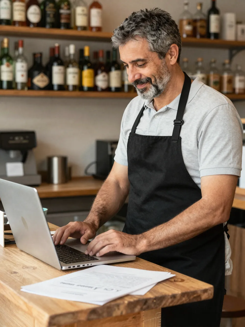 Imprenditore sereno che lavora al Business Plan sul computer nel suo locale