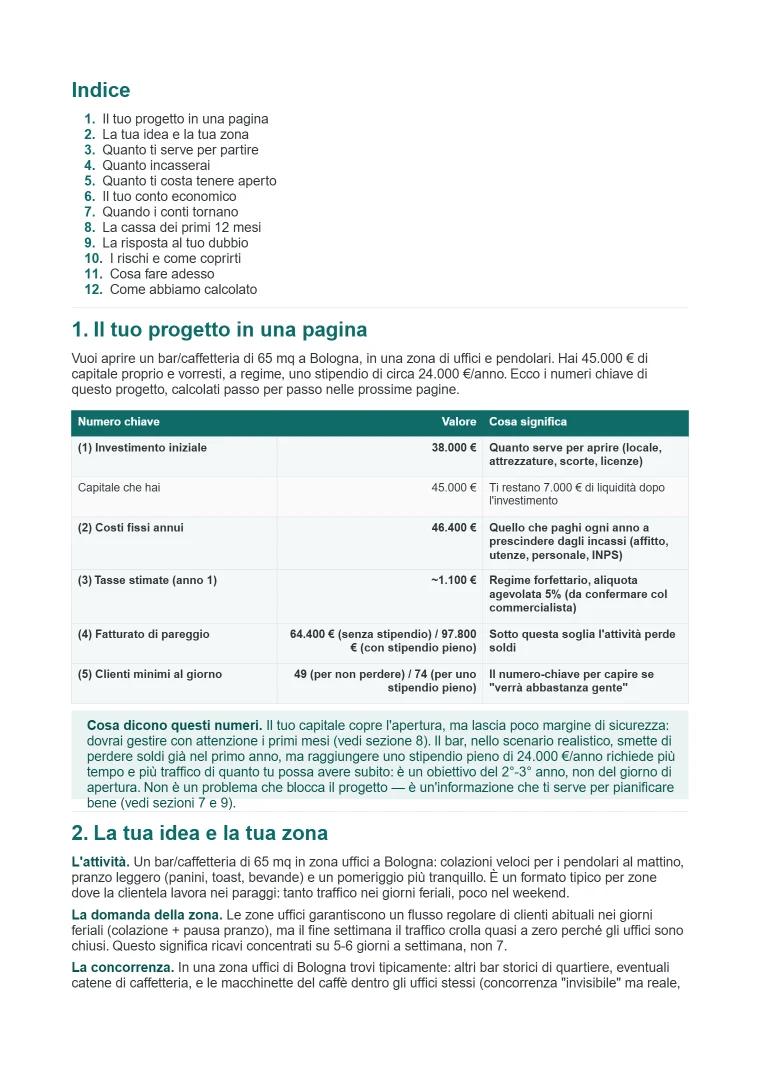 Pagina con la tabella dell'investimento iniziale