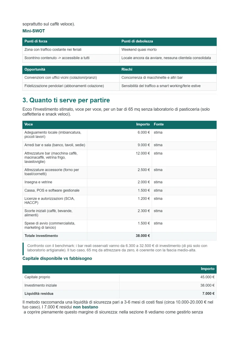 Pagina con il calcolo degli incassi e i tre scenari