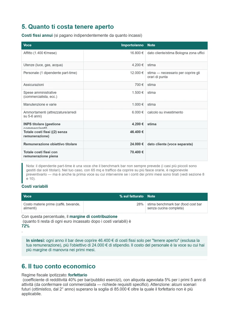 Pagina con il conto economico e le tasse stimate
